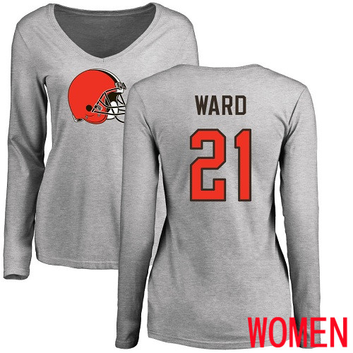 Cleveland Browns Denzel Ward Women Ash Jersey #21 NFL Football Name and Number Logo Long Sleeve T Shirt->women nfl jersey->Women Jersey